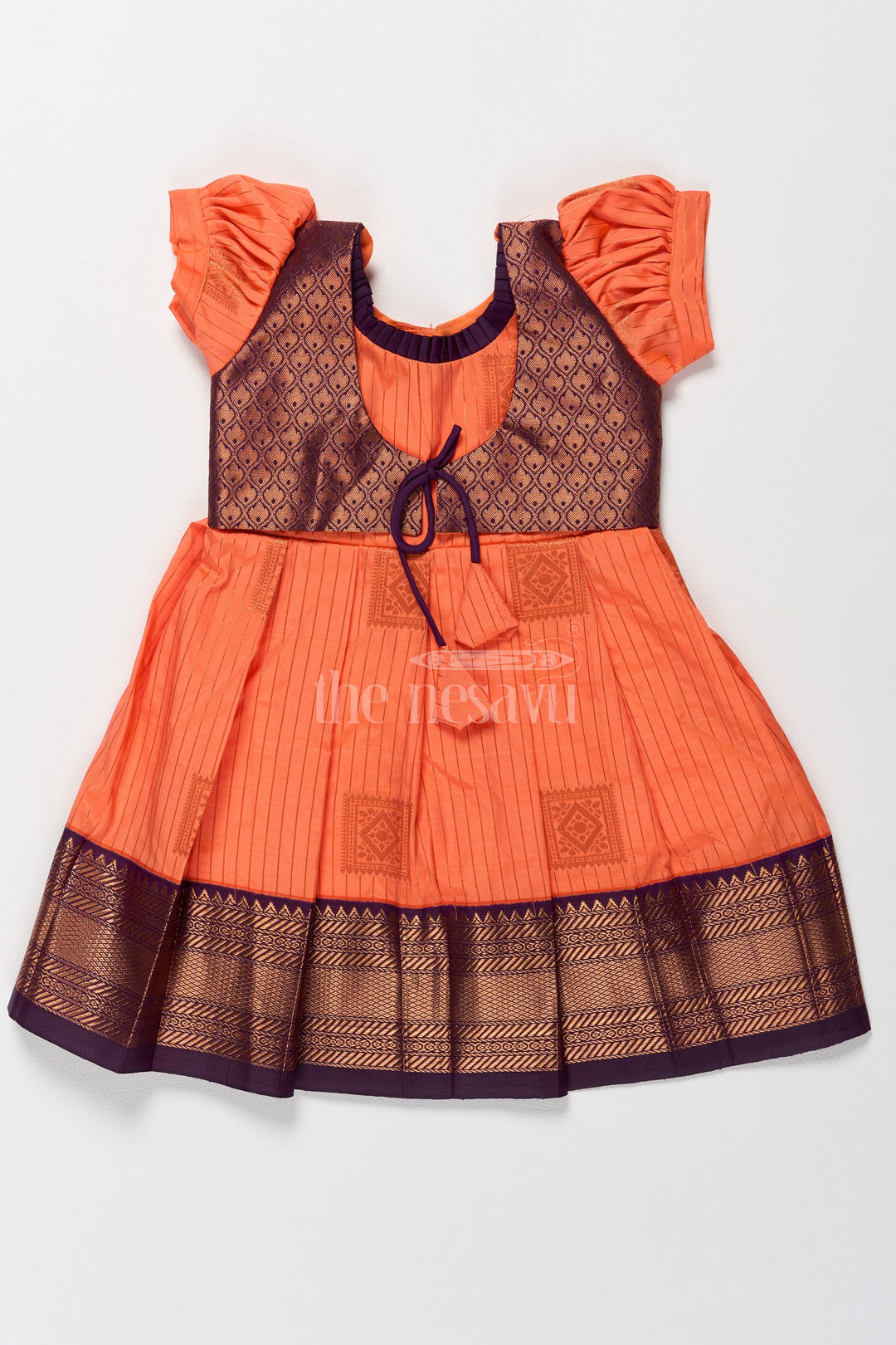 Vibrant Orange Girls Kanchi Simple Silk Frock with Intricate Gold Zari Borders