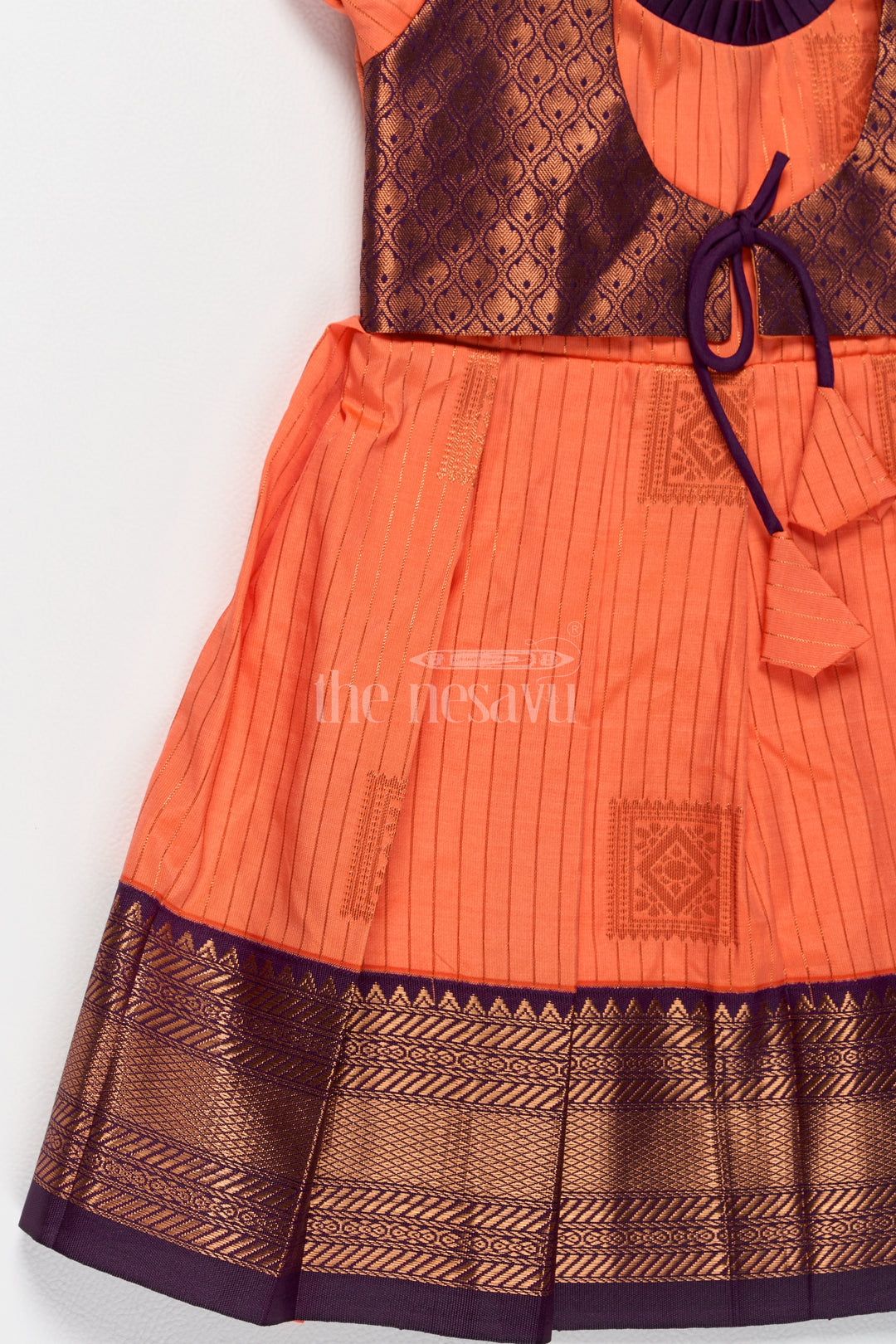 Vibrant Orange Girls Kanchi Simple Silk Frock with Intricate Gold Zari Borders