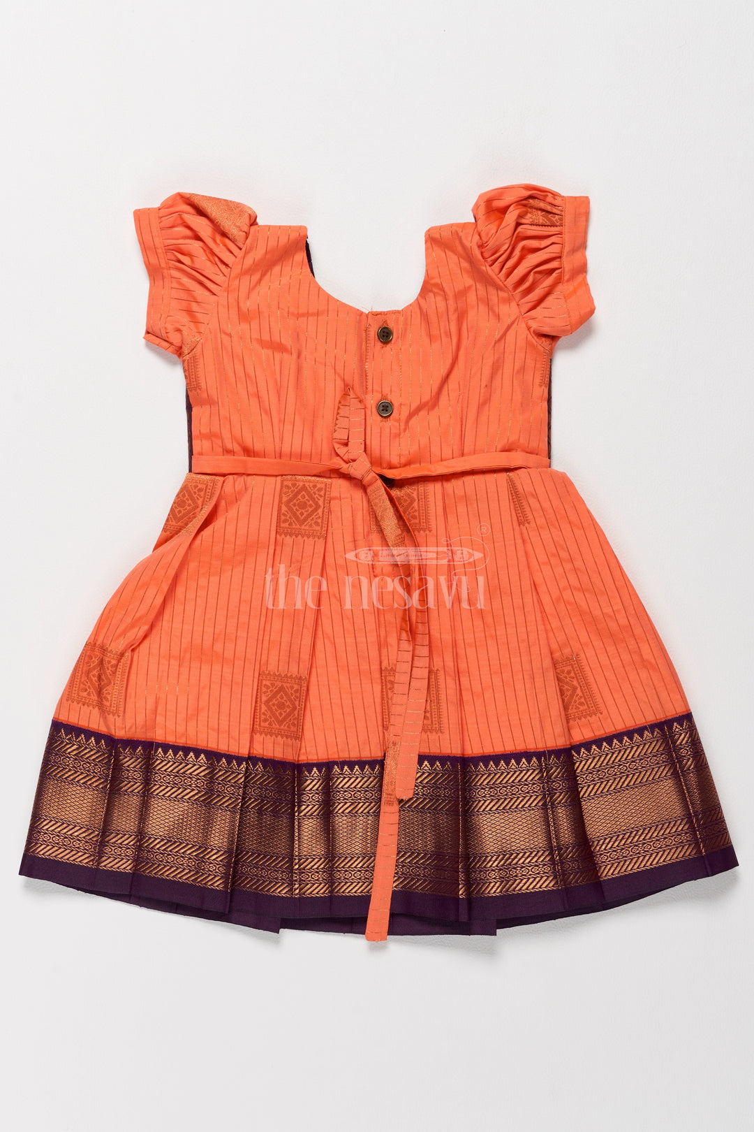 Vibrant Orange Girls Kanchi Simple Silk Frock with Intricate Gold Zari Borders