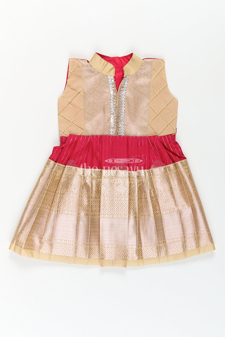 Girls Kanchivaram Silk Red Color Frock Design with Pintucks and Lace Yoke for Elegant Style