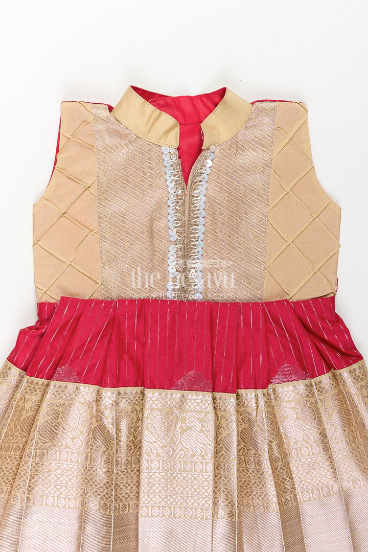 Girls Kanchivaram Silk Red Color Frock Design with Pintucks and Lace Yoke for Elegant Style