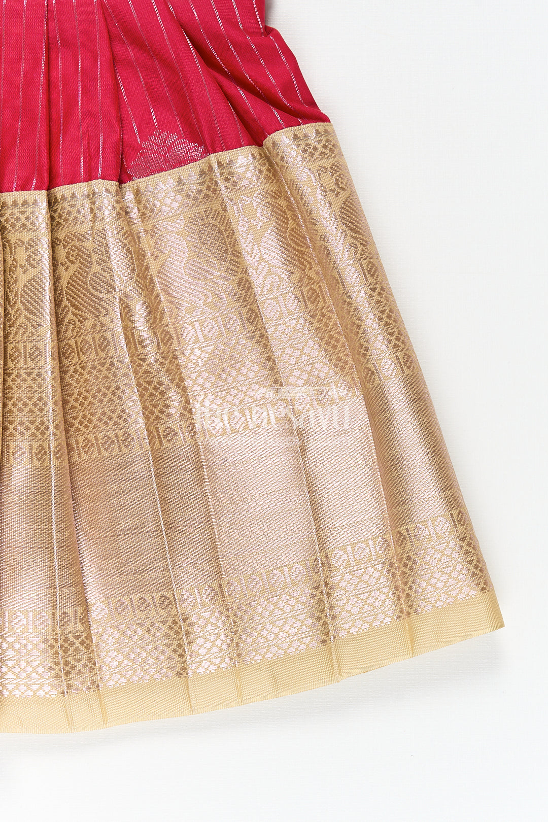 Girls Kanchivaram Silk Red Color Frock Design with Pintucks and Lace Yoke for Elegant Style