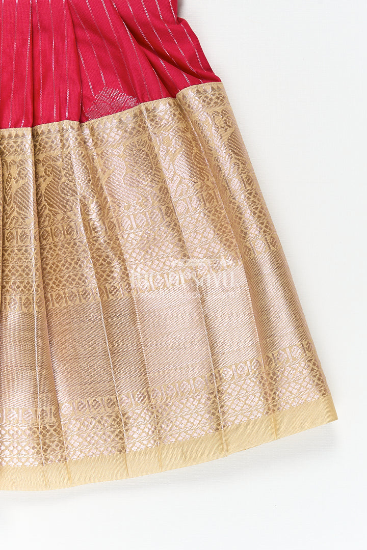 Girls Kanchivaram Silk Red Color Frock Design with Pintucks and Lace Yoke for Elegant Style