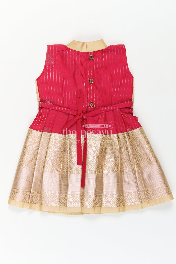 Girls Kanchivaram Silk Red Color Frock Design with Pintucks and Lace Yoke for Elegant Style