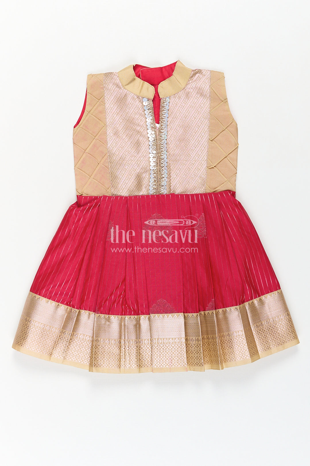 Girls Kanchivaram Silk Red Color Frock Design with Pintucks and Lace Yoke for Elegant Style
