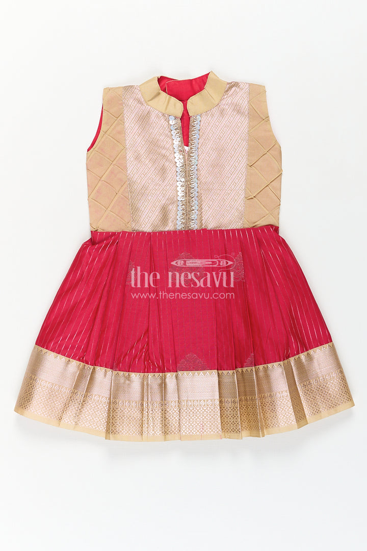 Girls Kanchivaram Silk Red Color Frock Design with Pintucks and Lace Yoke for Elegant Style