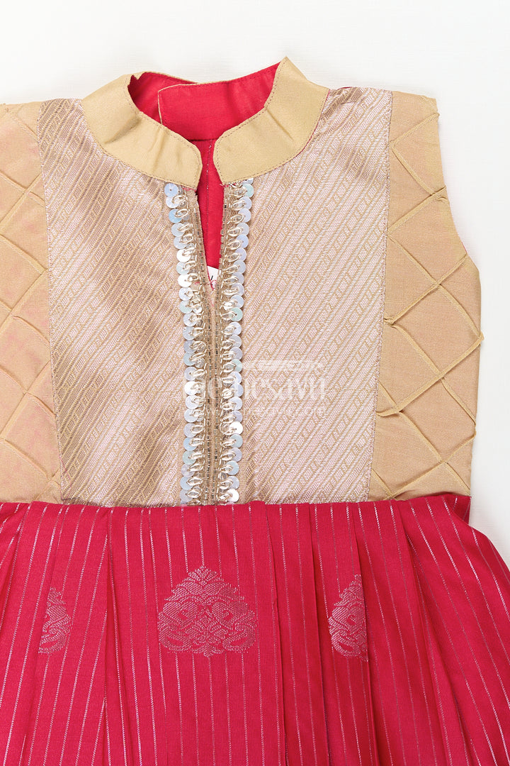 Girls Kanchivaram Silk Red Color Frock Design with Pintucks and Lace Yoke for Elegant Style