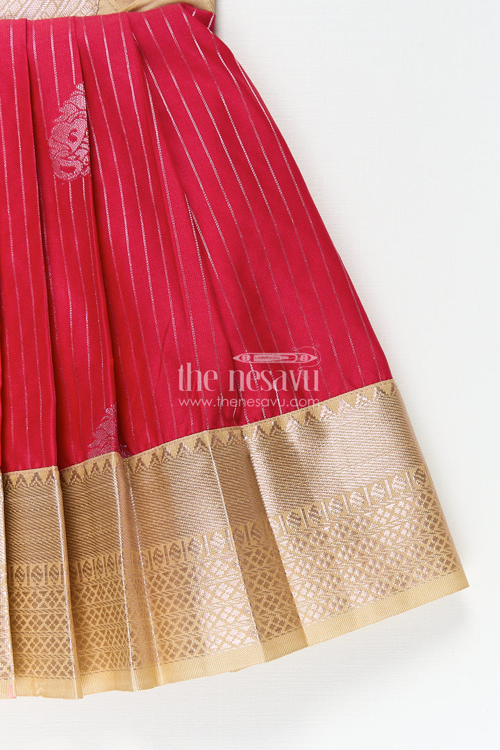 Girls Kanchivaram Silk Red Color Frock Design with Pintucks and Lace Yoke for Elegant Style