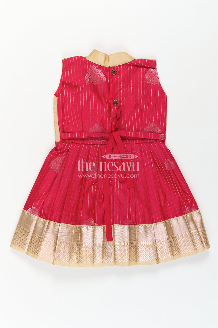 Girls Kanchivaram Silk Red Color Frock Design with Pintucks and Lace Yoke for Elegant Style