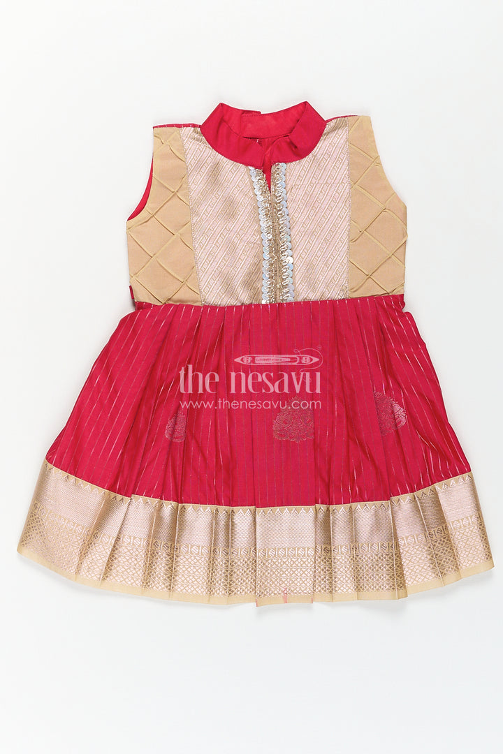Girls Kanchivaram Silk Red Color Frock Design with Pintucks and Lace Yoke for Elegant Style