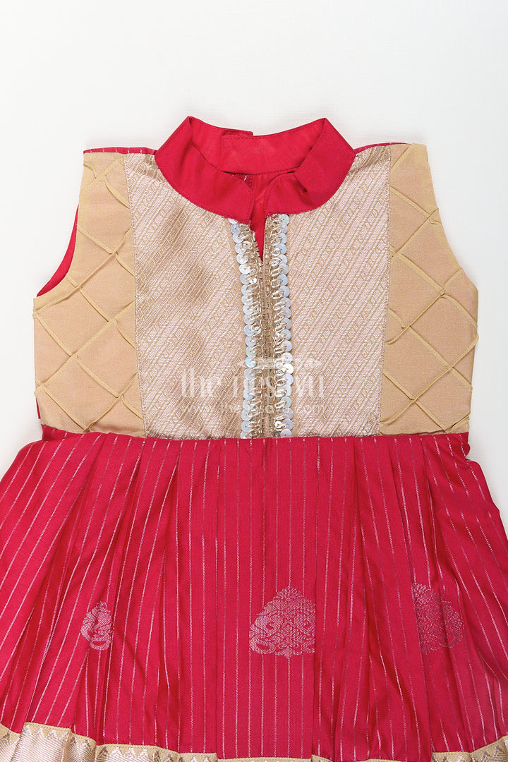 Girls Kanchivaram Silk Red Color Frock Design with Pintucks and Lace Yoke for Elegant Style