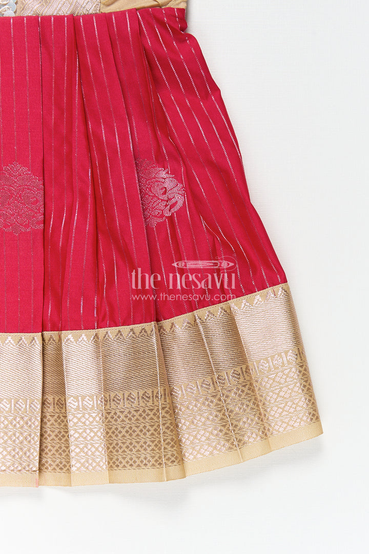 Girls Kanchivaram Silk Red Color Frock Design with Pintucks and Lace Yoke for Elegant Style