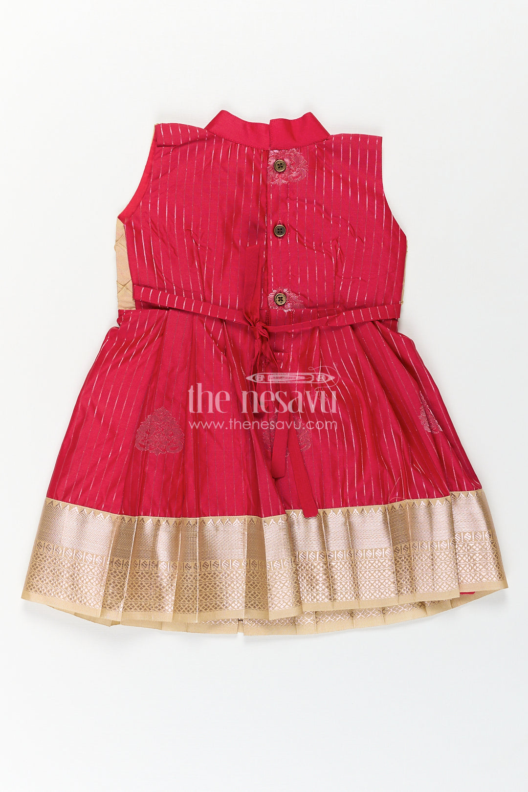 Girls Kanchivaram Silk Red Color Frock Design with Pintucks and Lace Yoke for Elegant Style