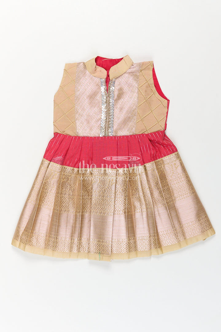 Girls Kanchivaram Silk Latest Silk Frock Design with Pintuck Bodice and Rich Gold Woven Finish