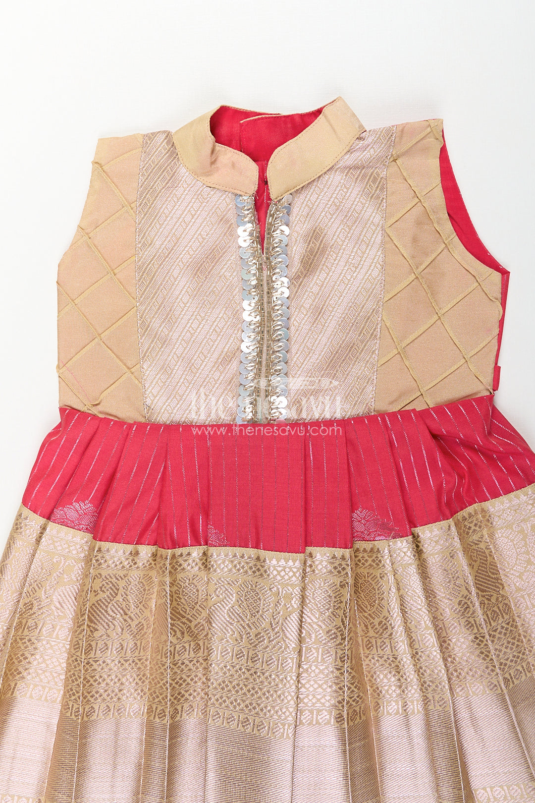 Girls Kanchivaram Silk Latest Silk Frock Design with Pintuck Bodice and Rich Gold Woven Finish