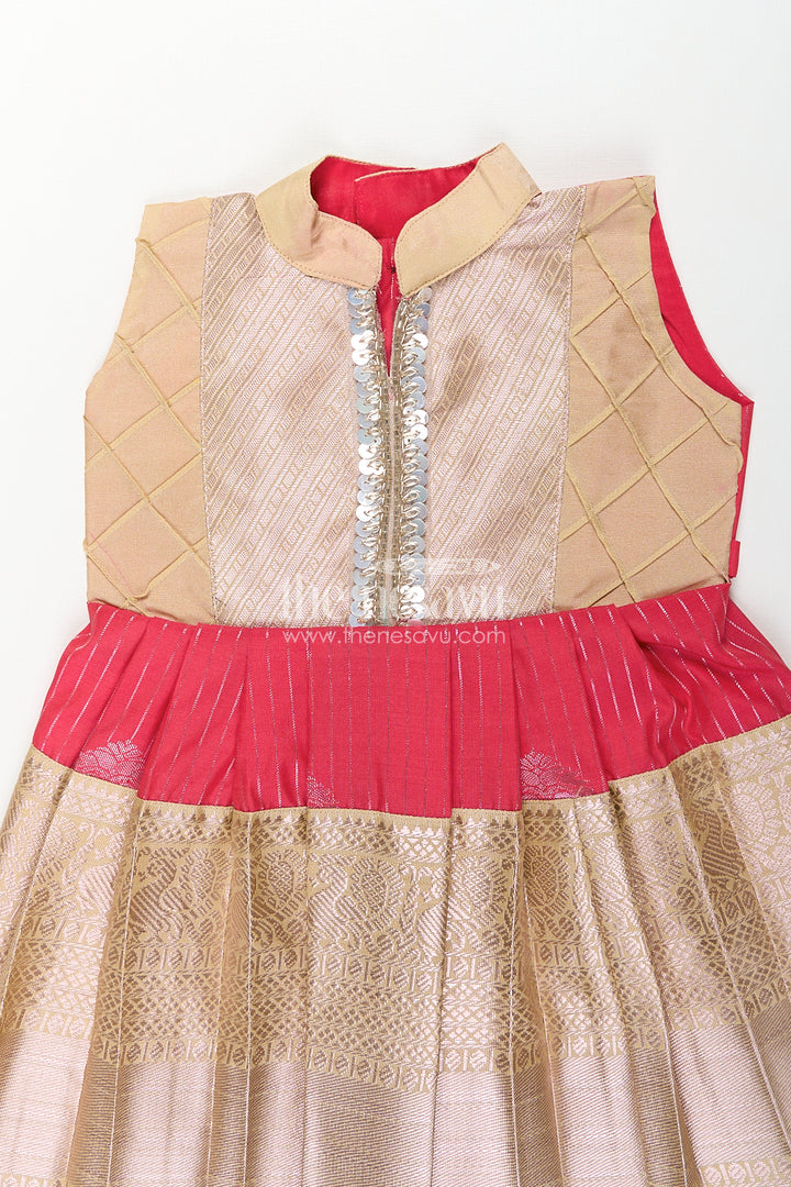 Girls Kanchivaram Silk Latest Silk Frock Design with Pintuck Bodice and Rich Gold Woven Finish