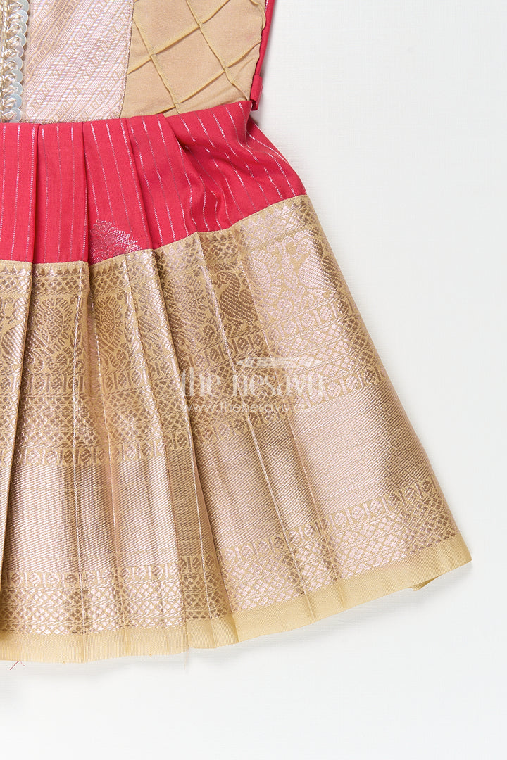 Girls Kanchivaram Silk Latest Silk Frock Design with Pintuck Bodice and Rich Gold Woven Finish