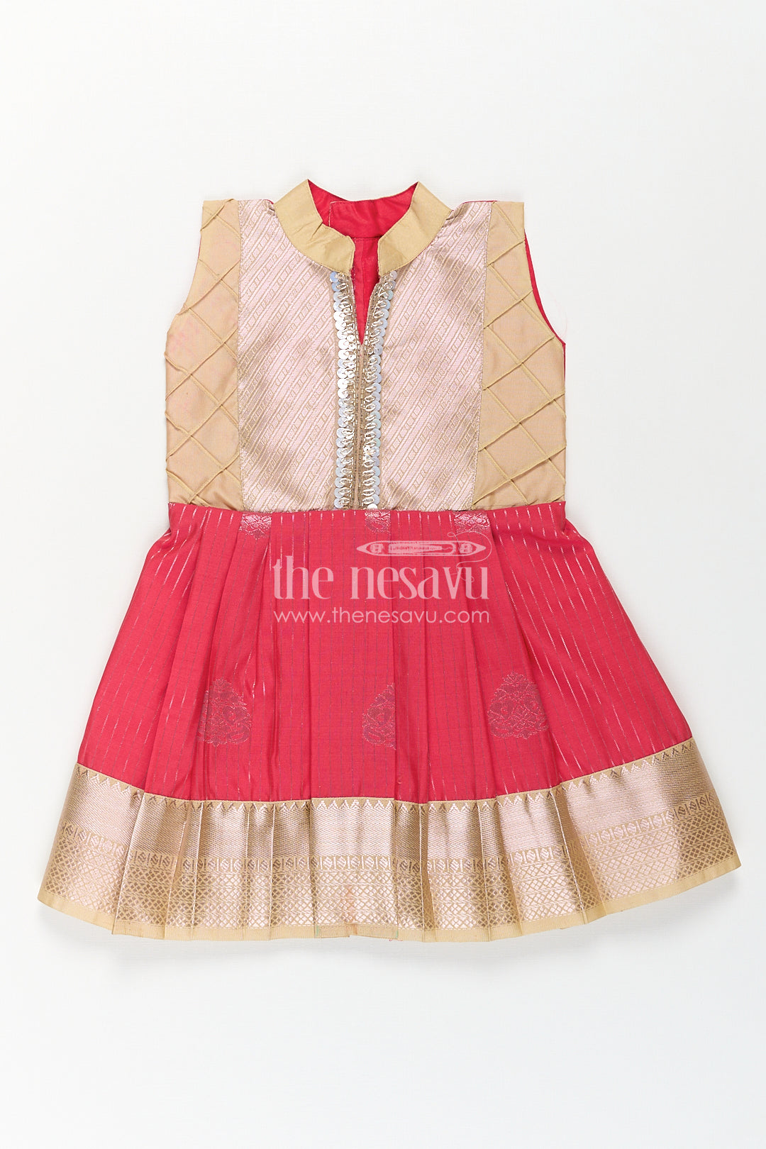 Girls Kanchivaram Silk Latest Silk Frock Design with Pintuck Bodice and Rich Gold Woven Finish