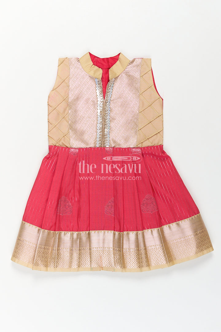 Girls Kanchivaram Silk Latest Silk Frock Design with Pintuck Bodice and Rich Gold Woven Finish