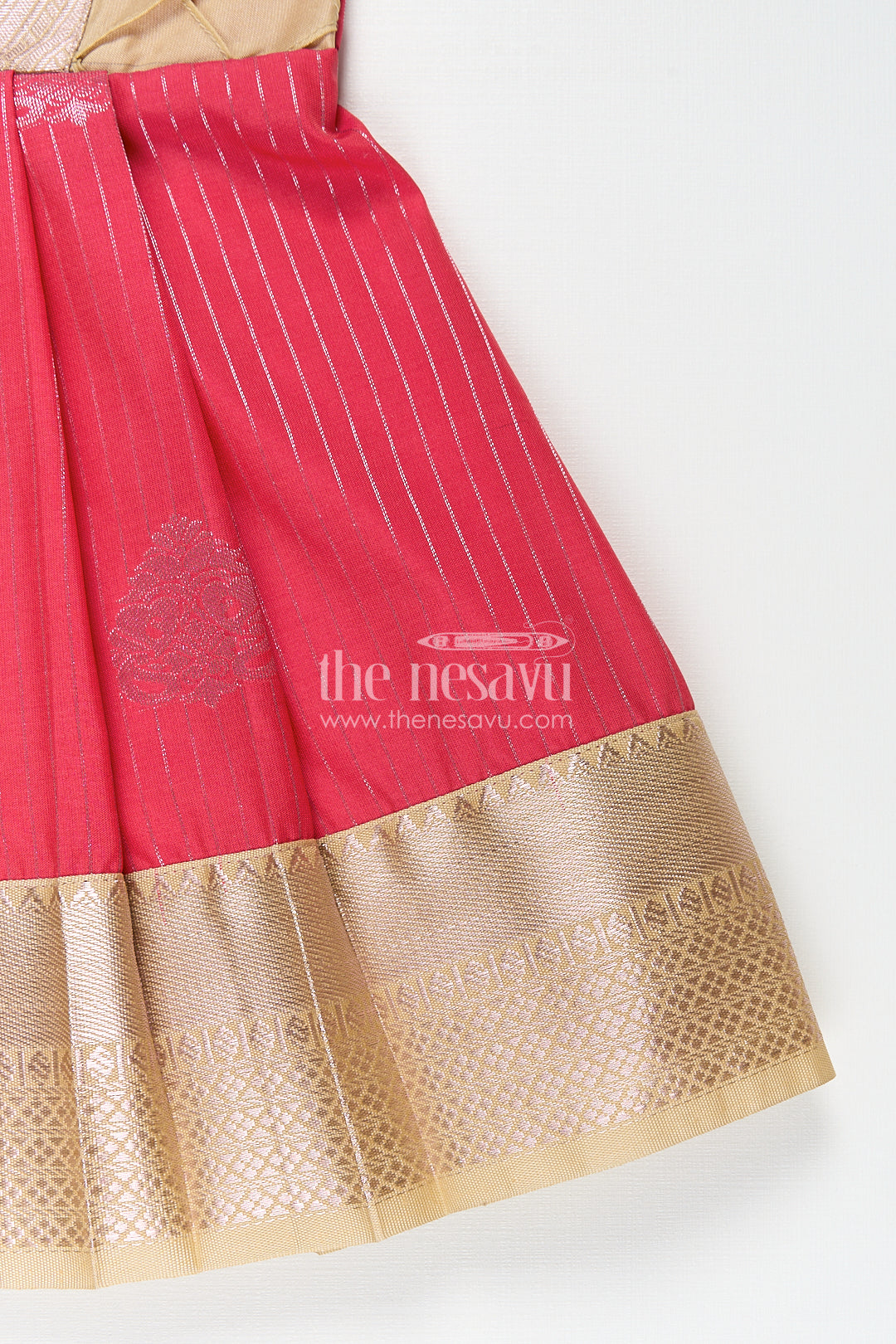Girls Kanchivaram Silk Latest Silk Frock Design with Pintuck Bodice and Rich Gold Woven Finish
