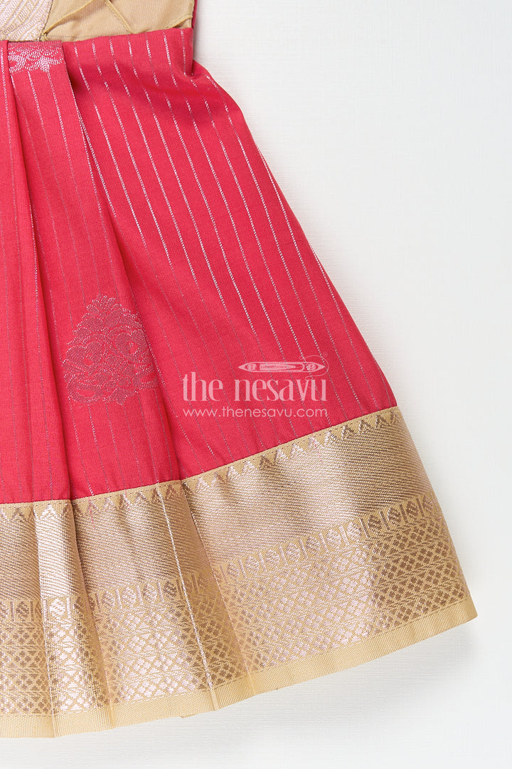Girls Kanchivaram Silk Latest Silk Frock Design with Pintuck Bodice and Rich Gold Woven Finish