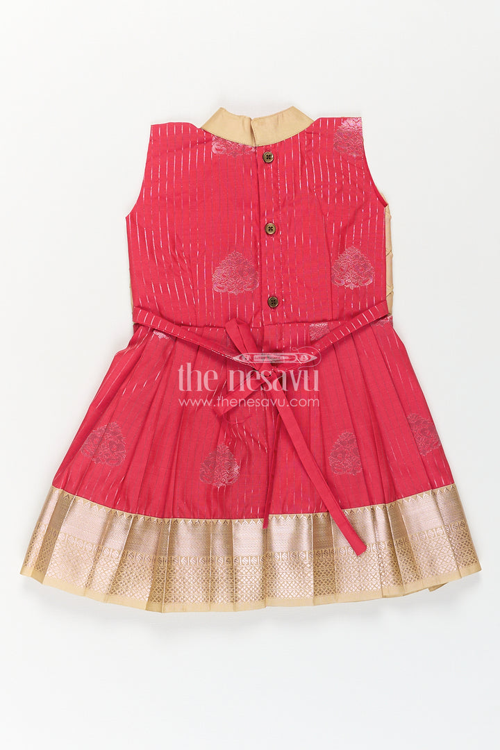 Girls Kanchivaram Silk Latest Silk Frock Design with Pintuck Bodice and Rich Gold Woven Finish
