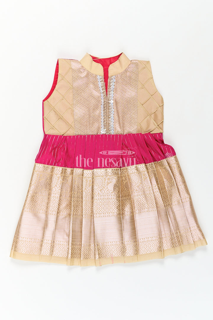Girls Kanchivaram Silk Big Border Long Frocks with Pintuck Yoke and Sequin Front Panel Detailing