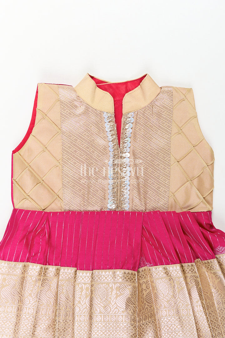 Girls Kanchivaram Silk Big Border Long Frocks with Pintuck Yoke and Sequin Front Panel Detailing
