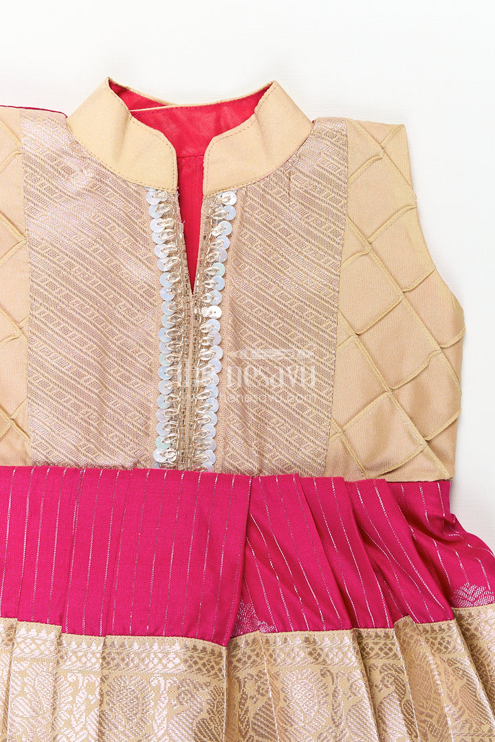Girls Kanchivaram Silk Big Border Long Frocks with Pintuck Yoke and Sequin Front Panel Detailing