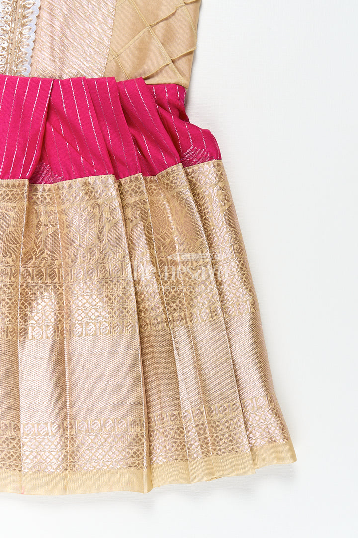 Girls Kanchivaram Silk Big Border Long Frocks with Pintuck Yoke and Sequin Front Panel Detailing