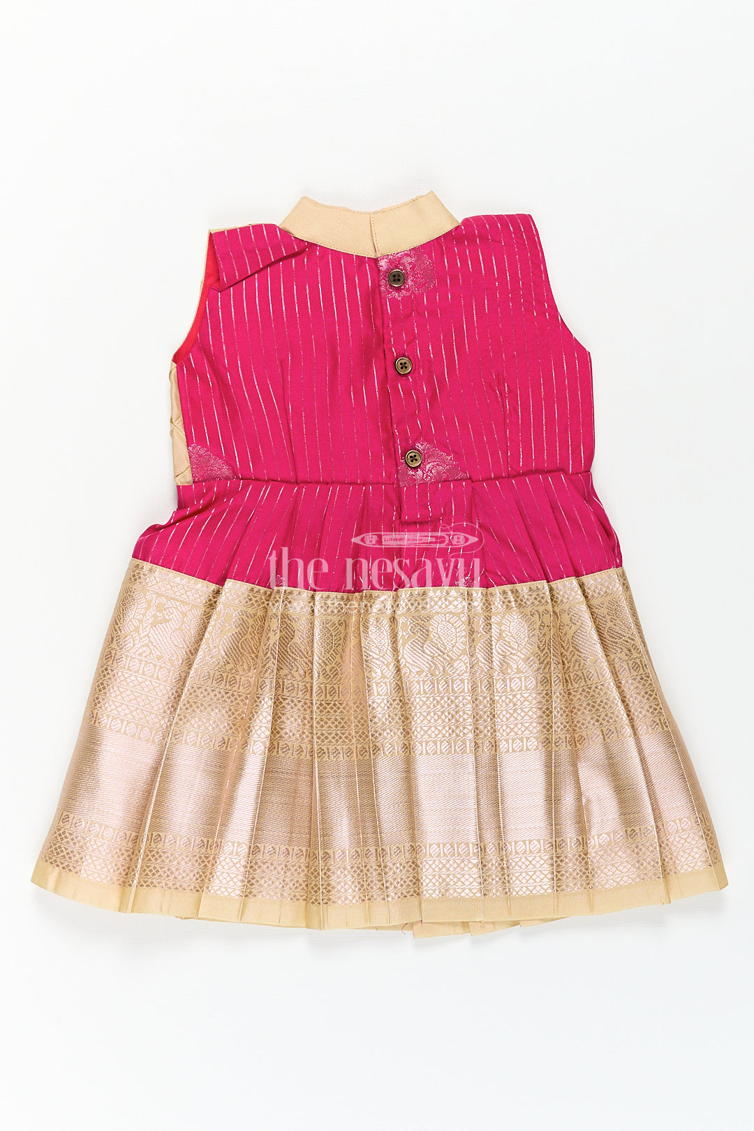 Girls Kanchivaram Silk Big Border Long Frocks with Pintuck Yoke and Sequin Front Panel Detailing
