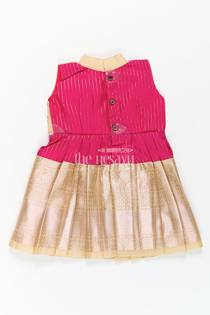 Girls Kanchivaram Silk Big Border Long Frocks with Pintuck Yoke and Sequin Front Panel Detailing