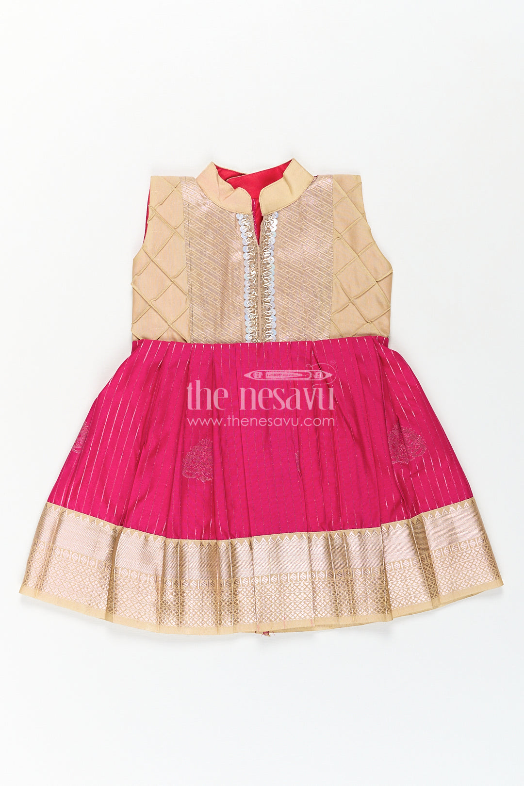 Girls Kanchivaram Silk Big Border Long Frocks with Pintuck Yoke and Sequin Front Panel Detailing