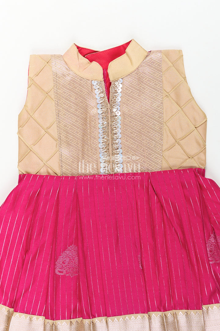 Girls Kanchivaram Silk Big Border Long Frocks with Pintuck Yoke and Sequin Front Panel Detailing