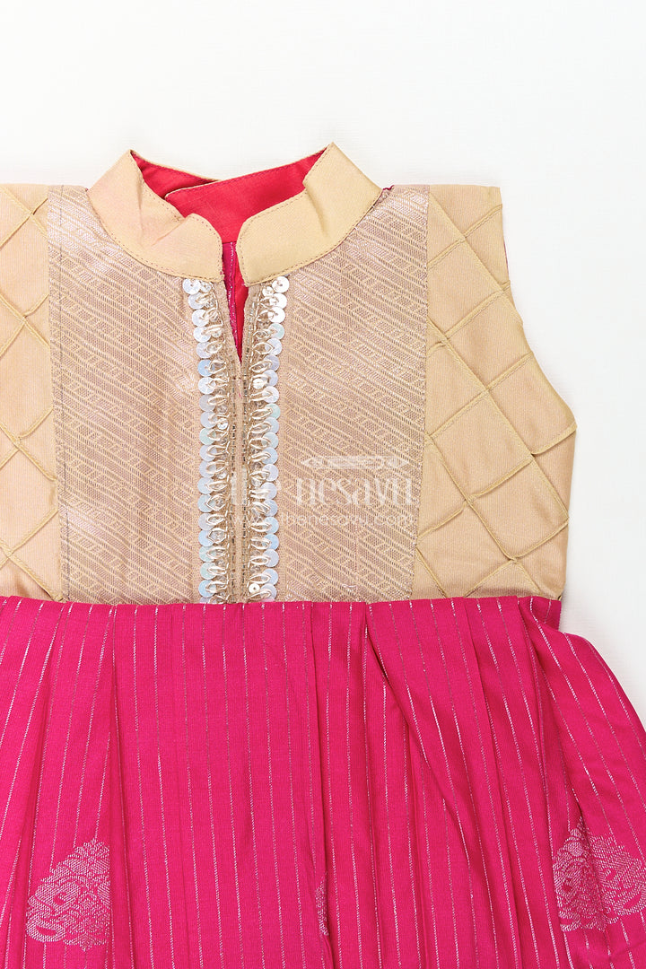Girls Kanchivaram Silk Big Border Long Frocks with Pintuck Yoke and Sequin Front Panel Detailing