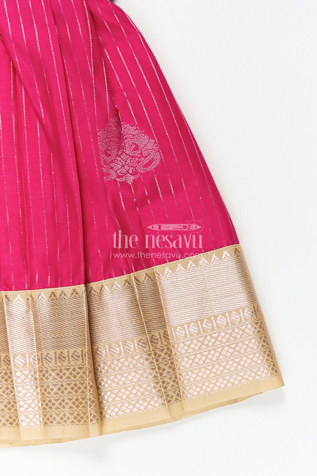 Girls Kanchivaram Silk Big Border Long Frocks with Pintuck Yoke and Sequin Front Panel Detailing