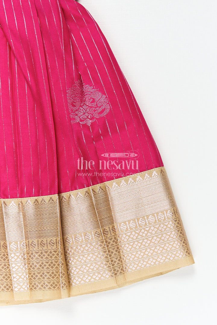 Girls Kanchivaram Silk Big Border Long Frocks with Pintuck Yoke and Sequin Front Panel Detailing