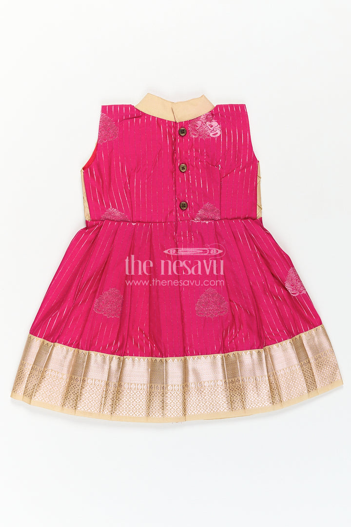 Girls Kanchivaram Silk Big Border Long Frocks with Pintuck Yoke and Sequin Front Panel Detailing