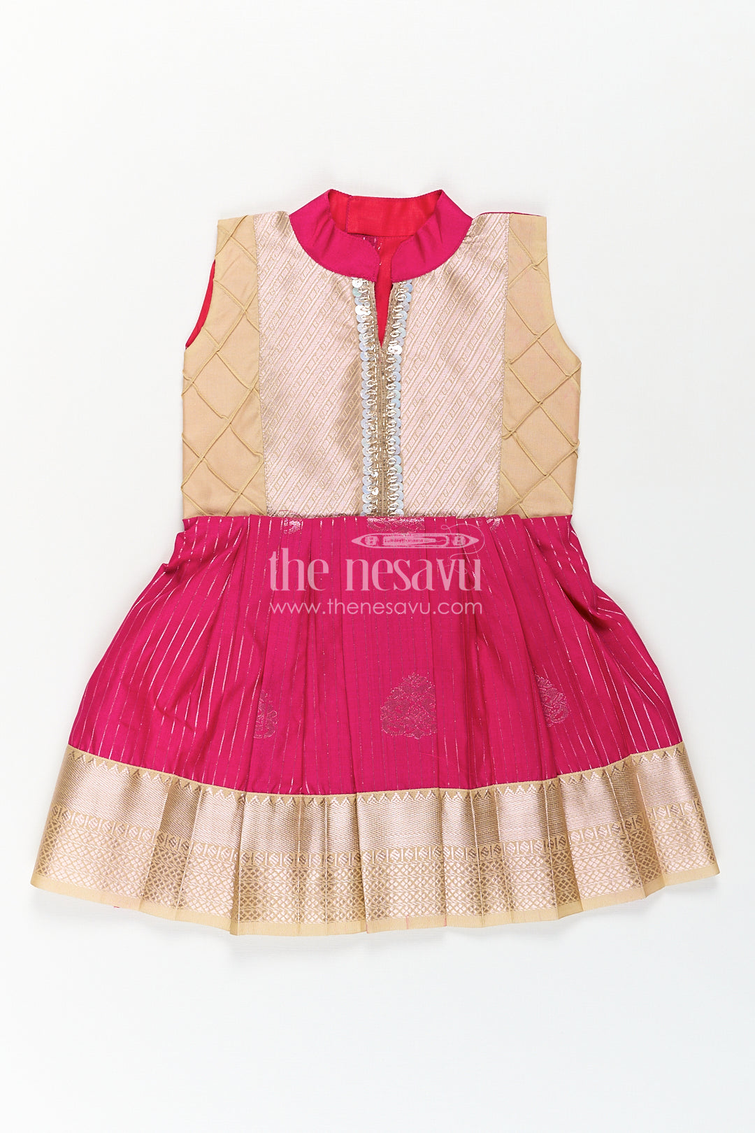 Girls Kanchivaram Silk Big Border Long Frocks with Pintuck Yoke and Sequin Front Panel Detailing