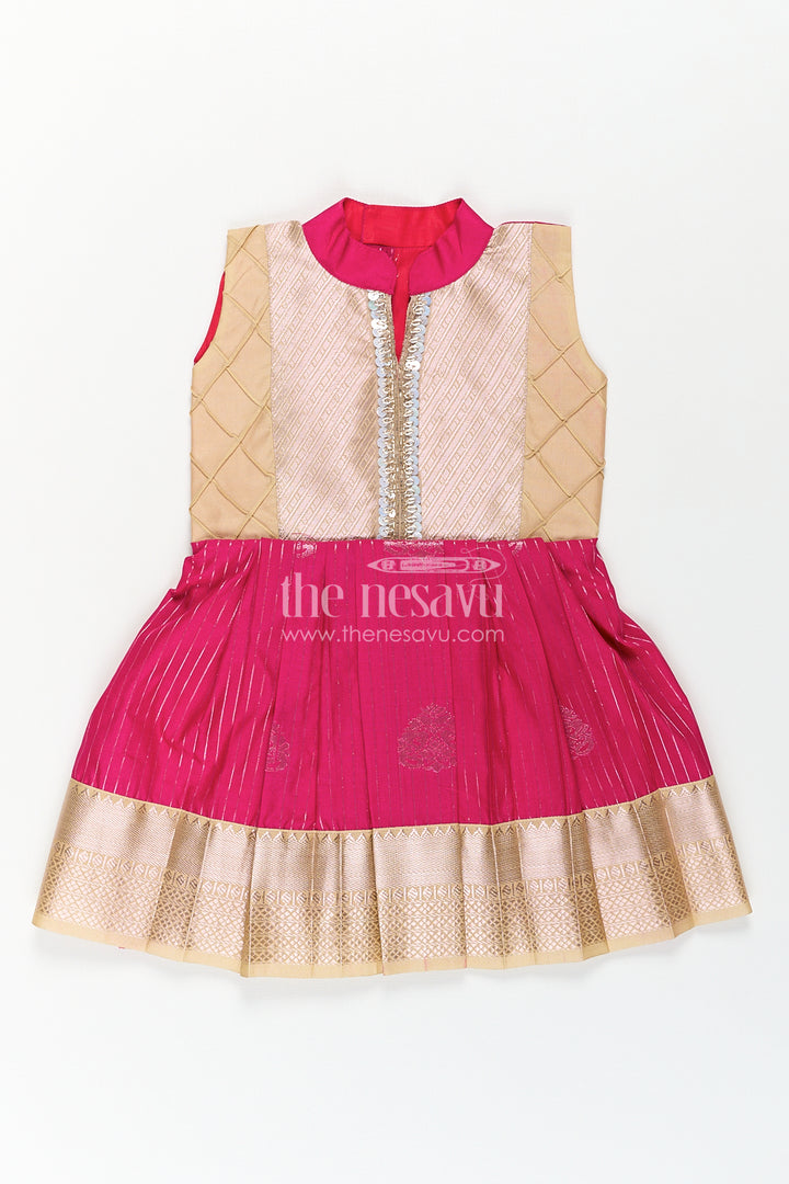 Girls Kanchivaram Silk Big Border Long Frocks with Pintuck Yoke and Sequin Front Panel Detailing