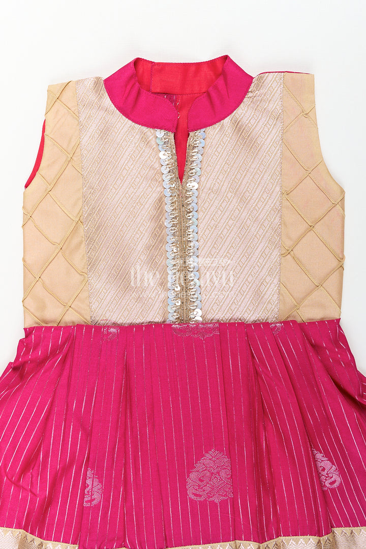Girls Kanchivaram Silk Big Border Long Frocks with Pintuck Yoke and Sequin Front Panel Detailing