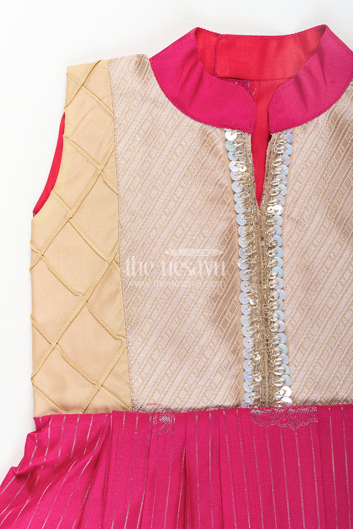 Girls Kanchivaram Silk Big Border Long Frocks with Pintuck Yoke and Sequin Front Panel Detailing