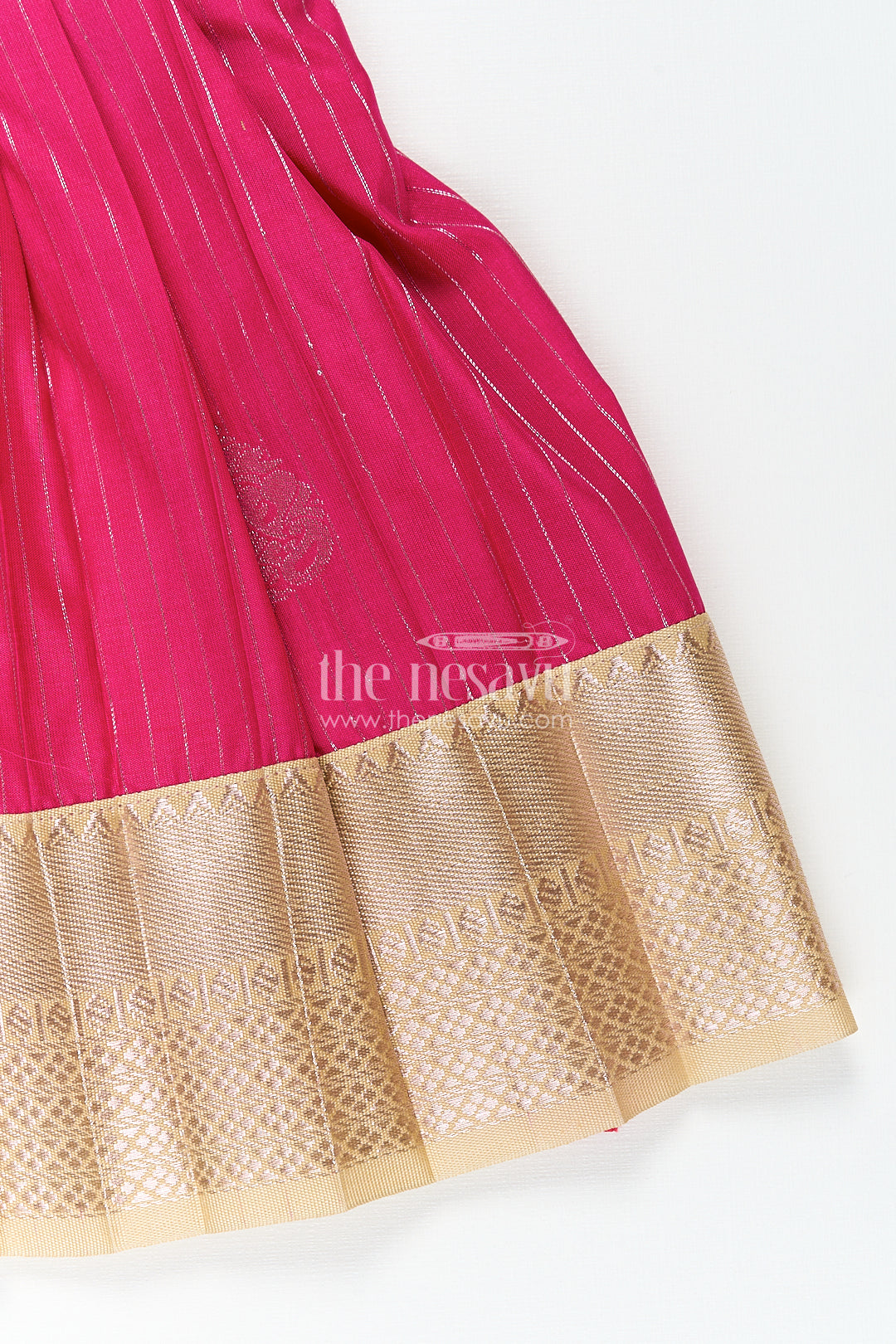 Girls Kanchivaram Silk Big Border Long Frocks with Pintuck Yoke and Sequin Front Panel Detailing