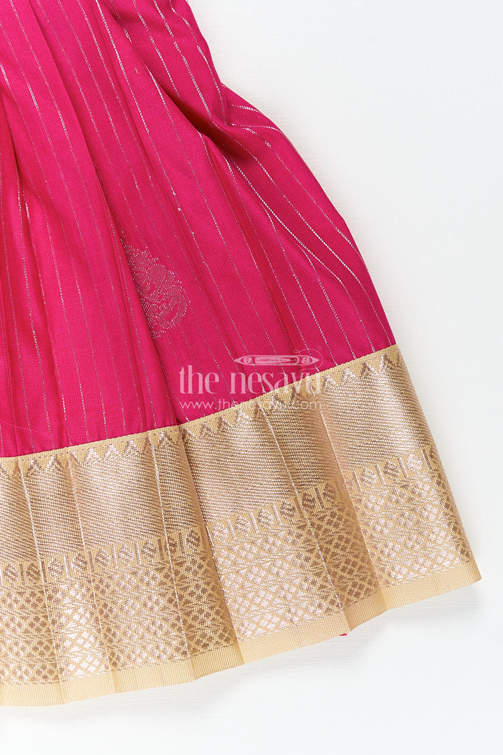 Girls Kanchivaram Silk Big Border Long Frocks with Pintuck Yoke and Sequin Front Panel Detailing