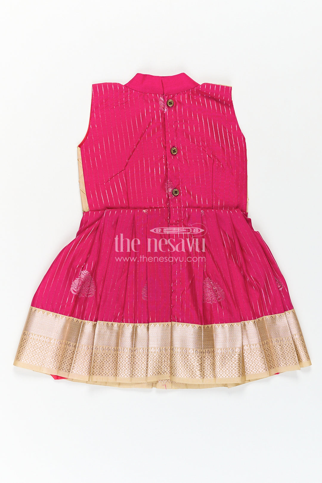 Girls Kanchivaram Silk Big Border Long Frocks with Pintuck Yoke and Sequin Front Panel Detailing