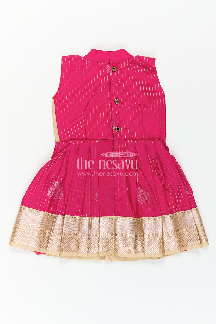 Girls Kanchivaram Silk Big Border Long Frocks with Pintuck Yoke and Sequin Front Panel Detailing
