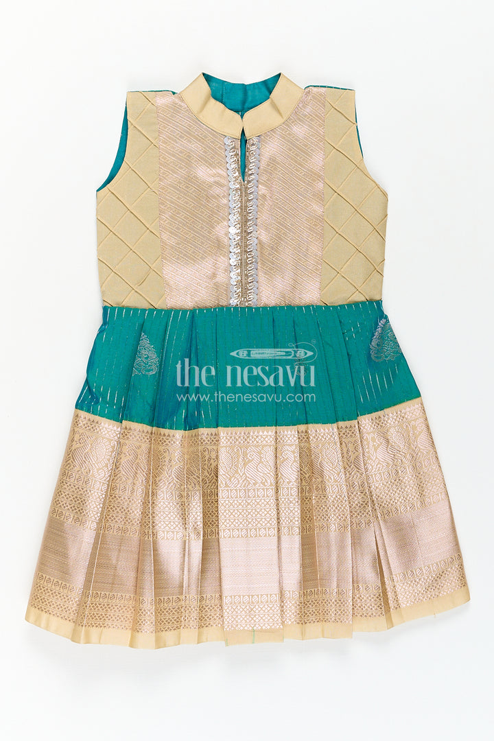 Girls Kanchivaram Silk Small Border Silk Frock with Green Waist and Pintuck Embellished Yoke