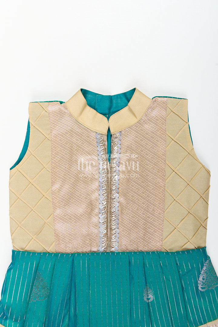 Girls Kanchivaram Silk Small Border Silk Frock with Green Waist and Pintuck Embellished Yoke