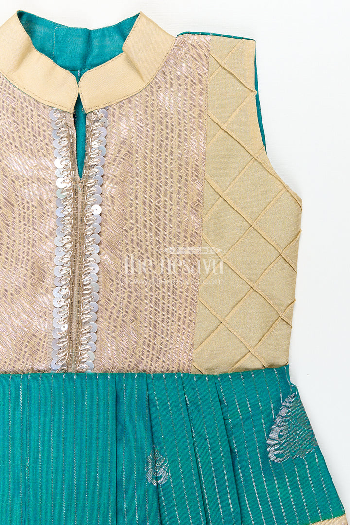 Girls Kanchivaram Silk Small Border Silk Frock with Green Waist and Pintuck Embellished Yoke