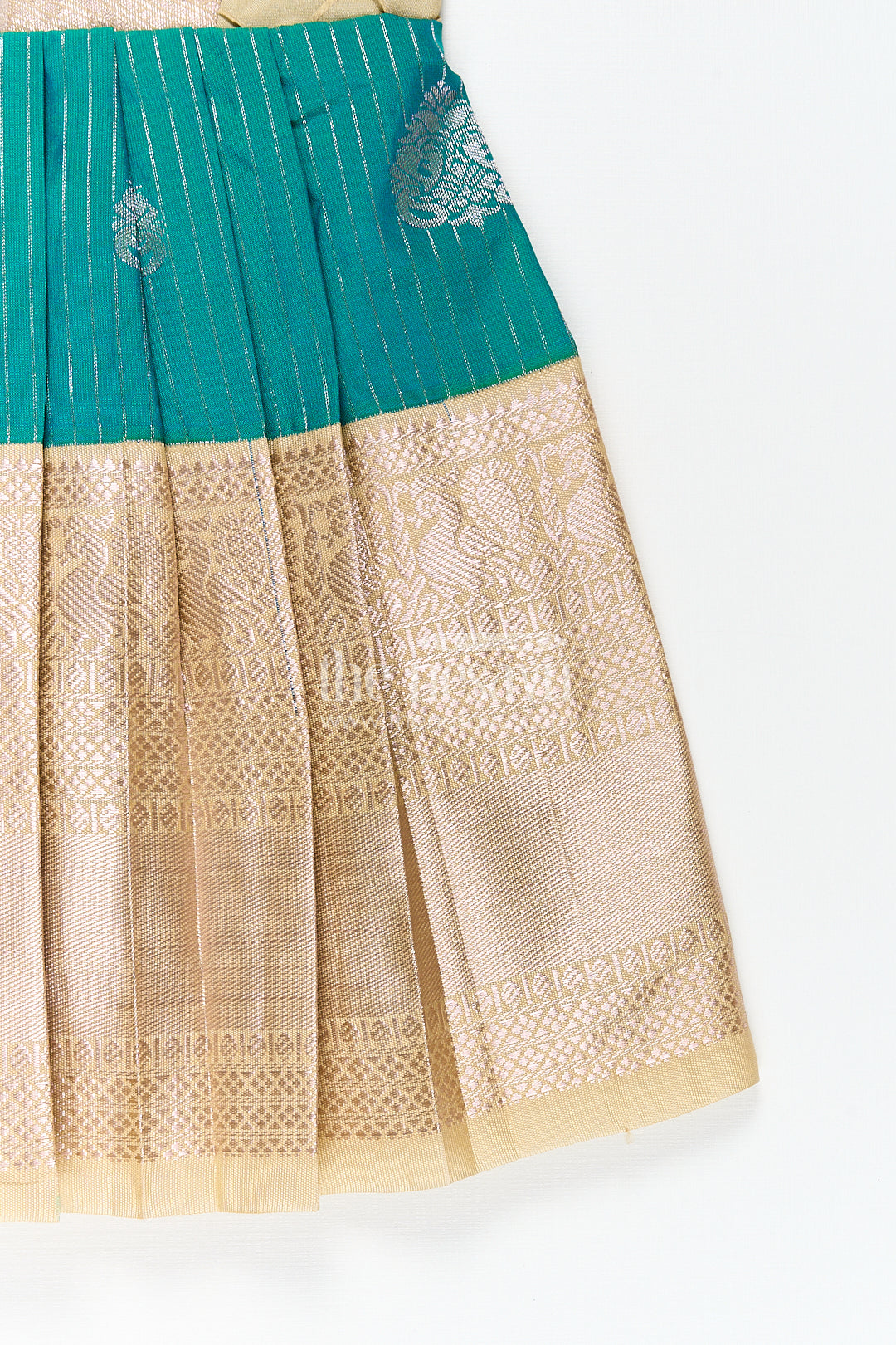 Girls Kanchivaram Silk Small Border Silk Frock with Green Waist and Pintuck Embellished Yoke